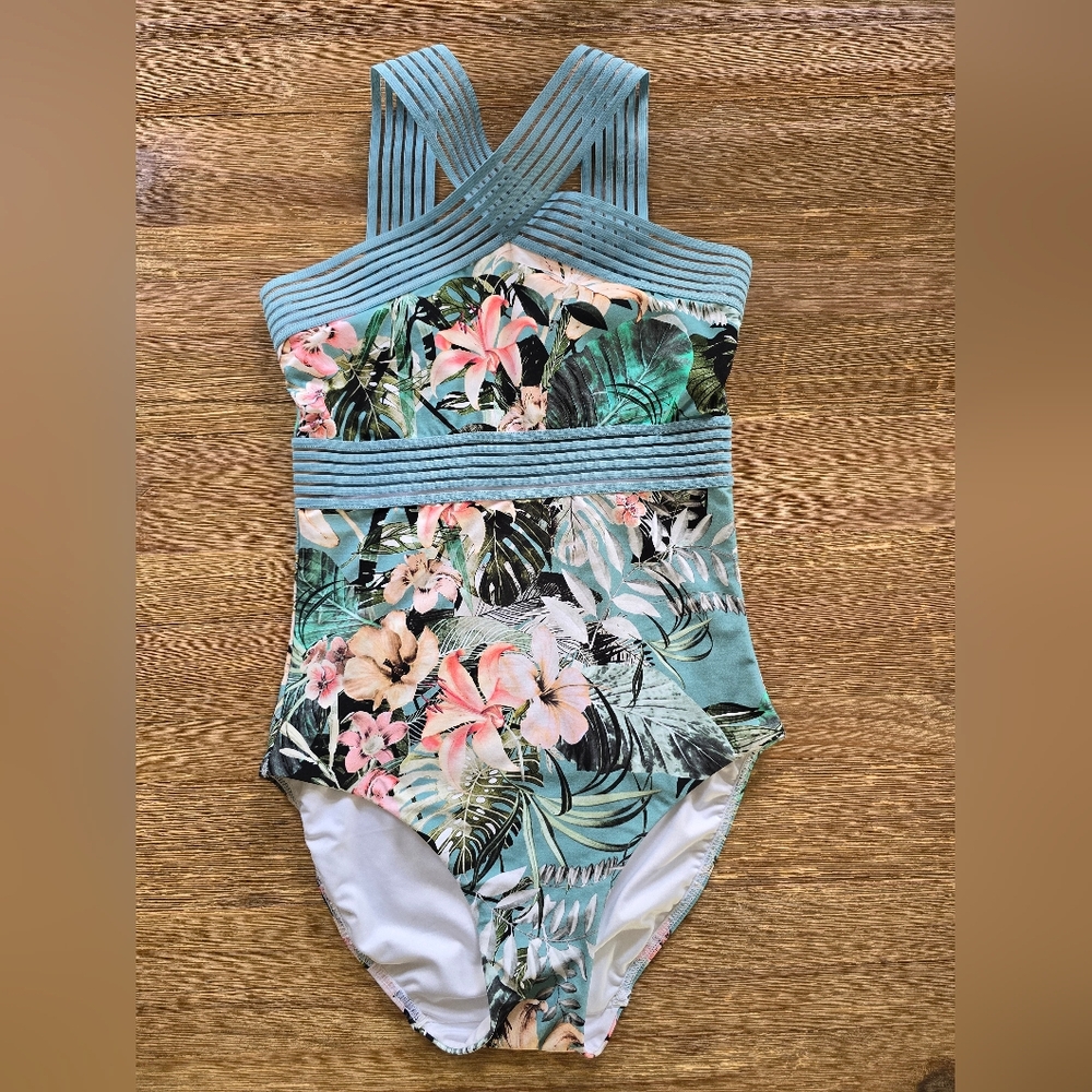 Floral One-Piece Swimsuit with Cross-Strap Detail - Aqua Floral